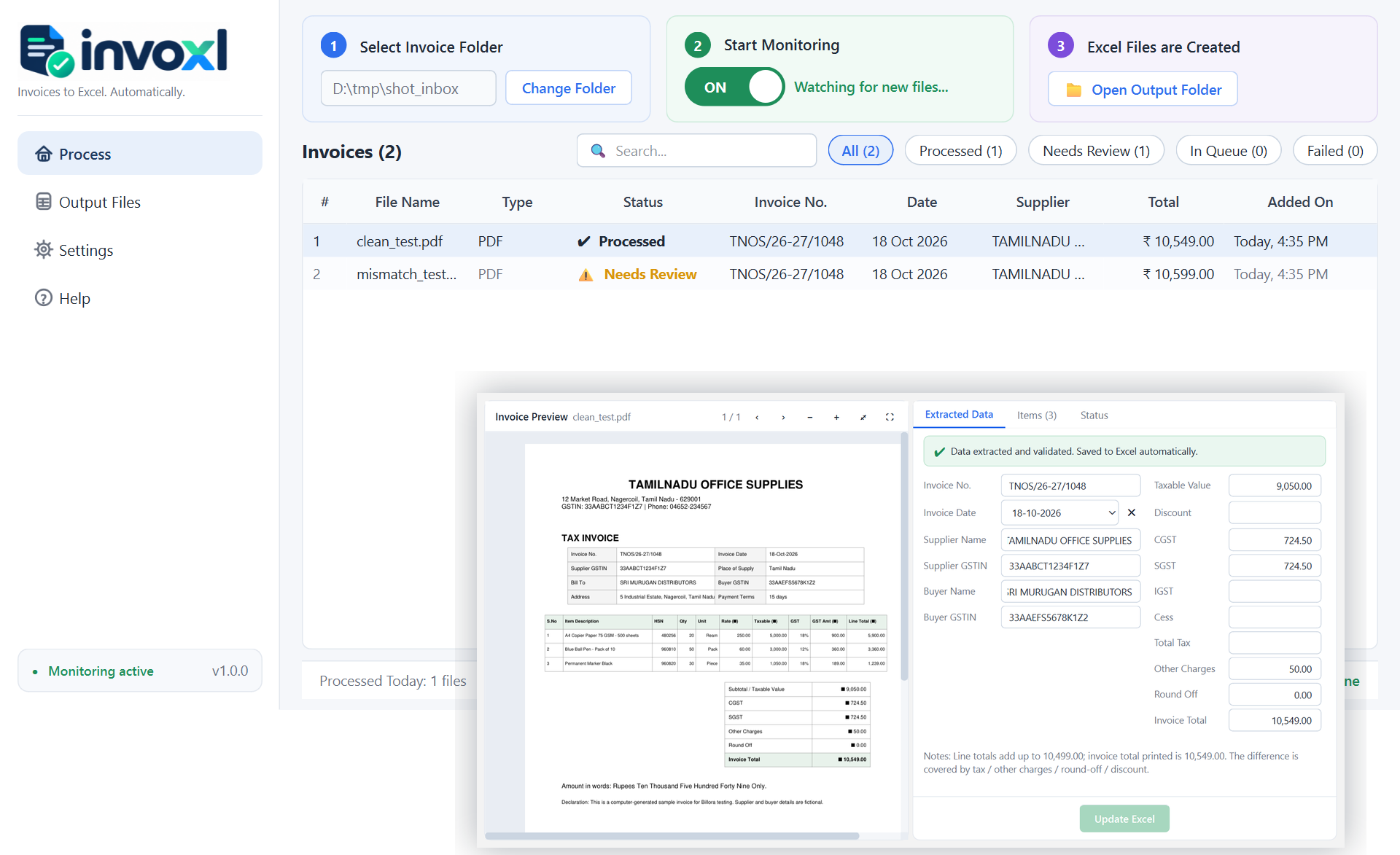 Billora main screen: invoice list with status, and the review window with the invoice on the left and extracted data on the right